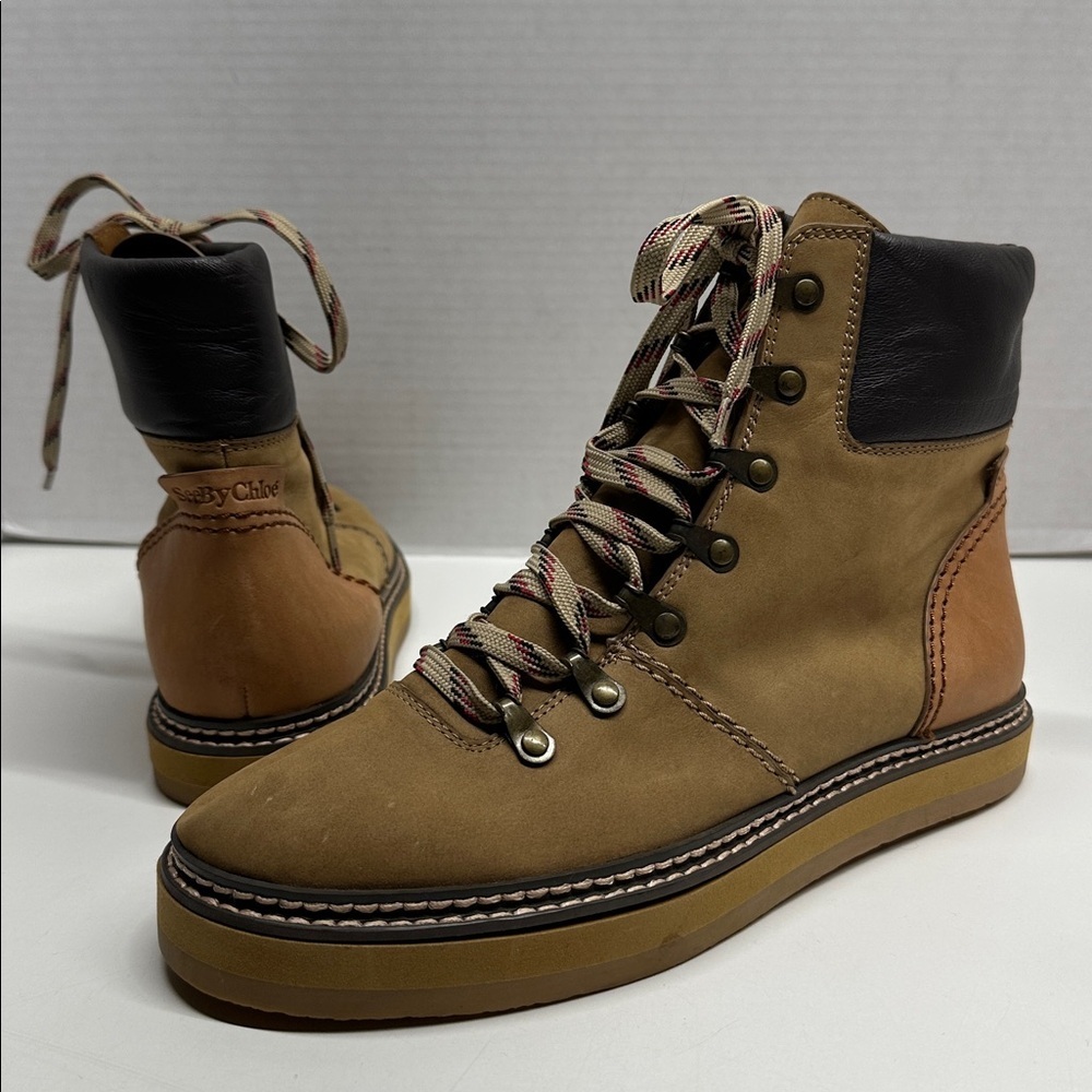 See by Chloe Edera Ankle Boots Lace Up Suede Nuback Leather Tan Brown Size 10